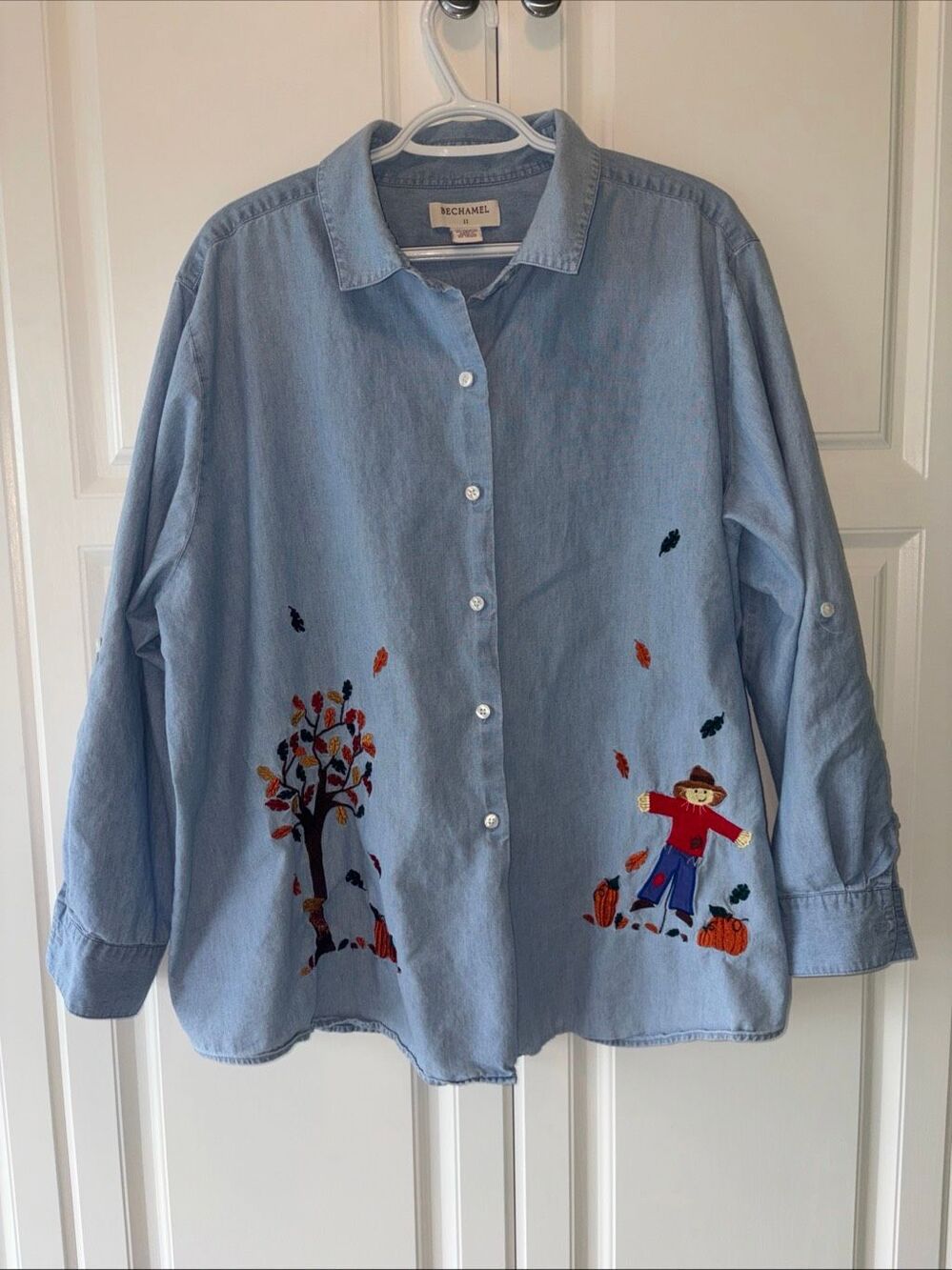 Vintage 90s Bechamel Halloween Fall  Denim Shirt 2X Scarecrow Tree EUC
